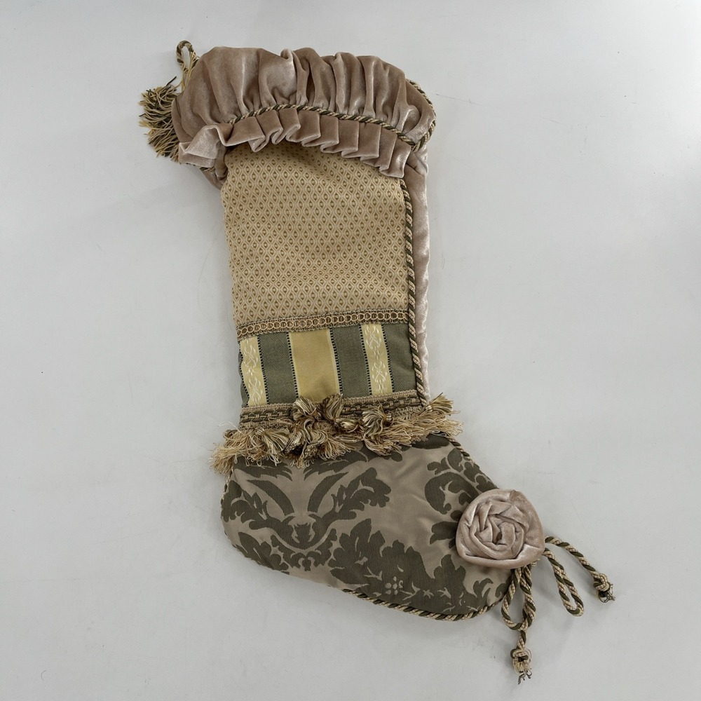 Victorian Luxury Christmas Stocking Fabric Brocade Rich Beige Velvet Tassels 23"
